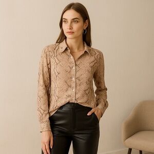 Rose & Olive Snake Print Button Down Shirt - Beige and Black Size Small